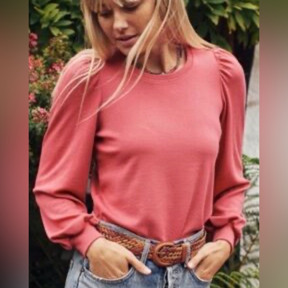 Marine Layer Lexi Puff Sleeve Tee Ribbed Tencel Top Coral XS